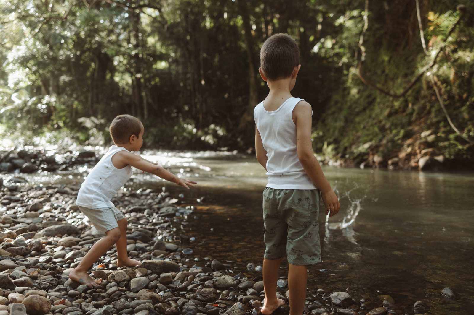 Two young boys playing and throwing stones by a forest creek